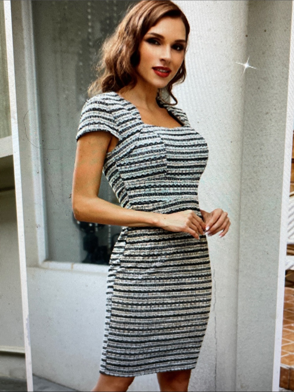 Grace Karin Blue and White Tweed Mini Sheath Dress with Square Neckline